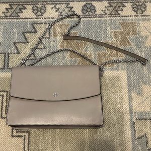 Tory Burch large gray accordion Saffiano leather bag